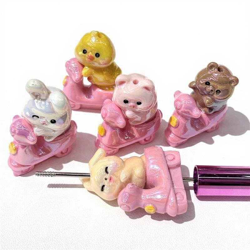 3D Straight-Hole Animal Resin Beads -Pink Nine-Tailed Fox & Scooter Riding Animals & turtles